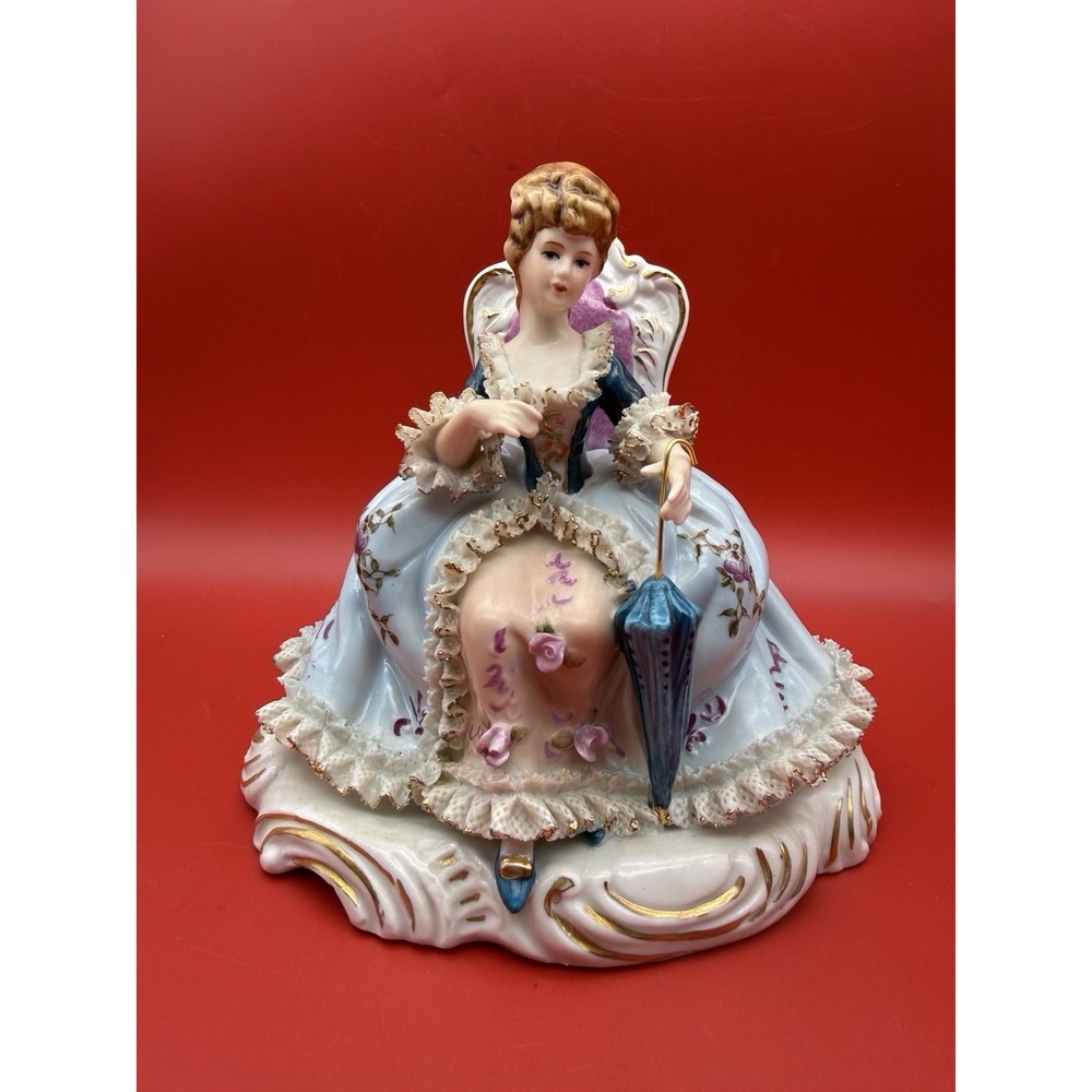 Vintage Capodimonte Lace Porcelain Sitting Victorian Lady with Umbrella